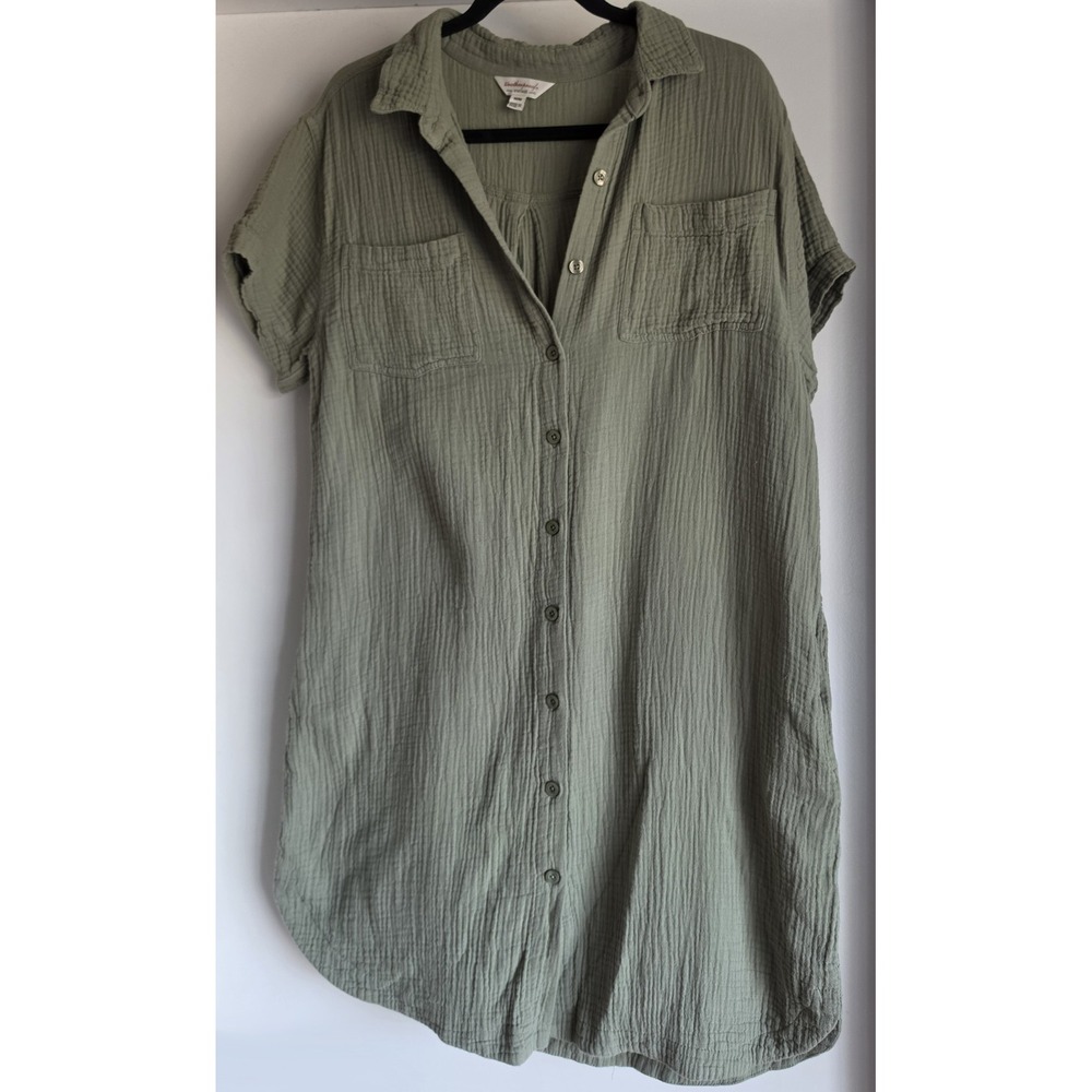Weatherproof Shirt Dress Women M Olive Green Solid Cotton Casual Collared Mini